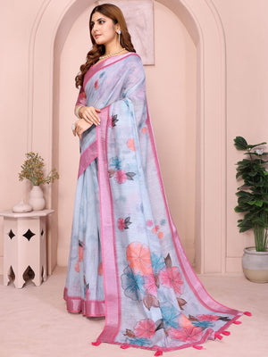 Rajwada Sky Blue Cotton Linen Printed Saree For Women