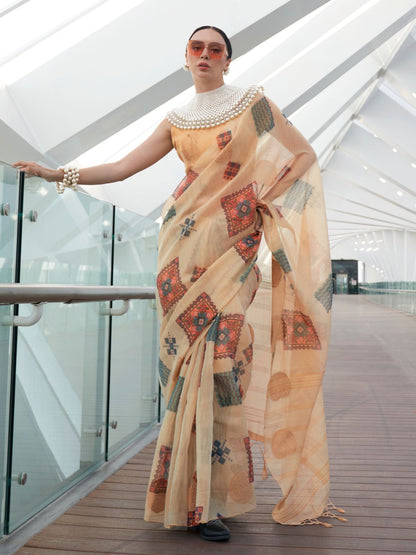Rajwada Cream Tissue Printed Saree With Unstitched Blouse For Women