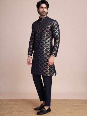 Rajwada Navy Blue Silk Blend Sequins Stitched  Kurta For Men