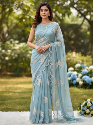 Rajwada Sky Blue Organza Embroidered And Cutwork Solid Saree For Women