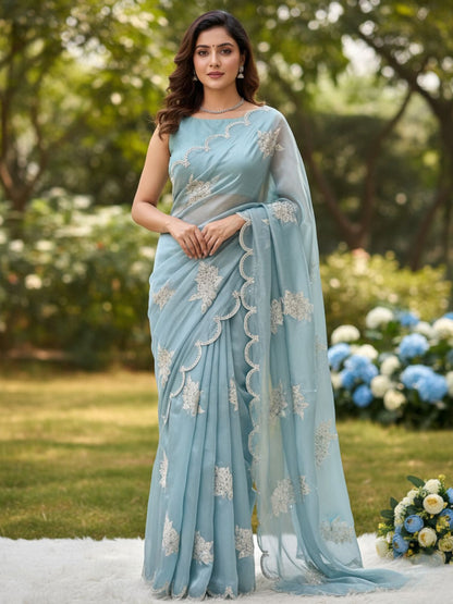 Rajwada Sky Blue Organza Embroidered And Cutwork Solid Saree For Women