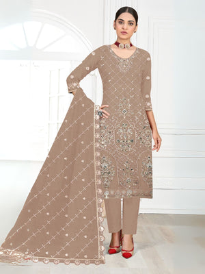 Rajwada Beige Georgette Embellished Semi-Stitched Kurta Set For Women