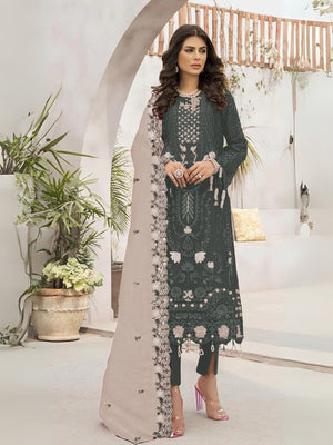 Rajwada Dark Grey Georgette Embroidered Semi-Stitched Kurta Set For Women
