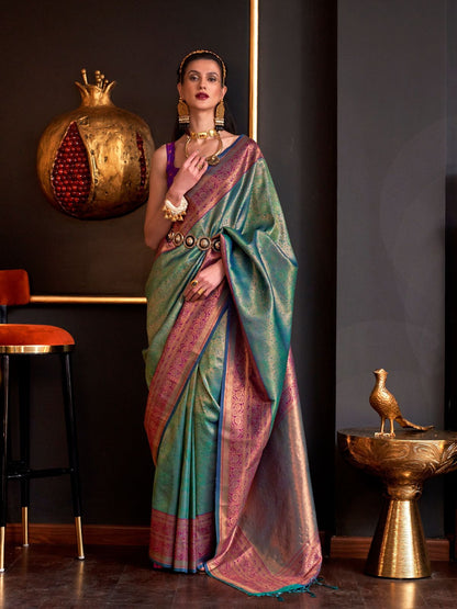 Rajwada Green Silk Blend Woven Saree With Unstitched Blouse For Women