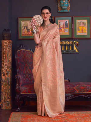 Rajwada Peach Silk Blend Woven Saree With Unstitched Blouse For  Women