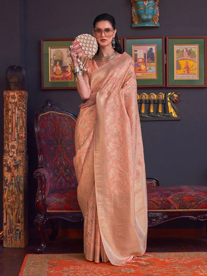 Rajwada Peach Silk Blend Woven Saree With Unstitched Blouse For  Women
