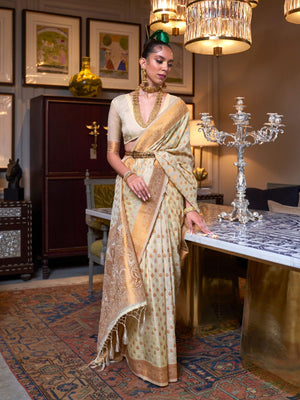 Rajwada Off White Silk Blend Woven Saree With Unstitched Blouse for Women