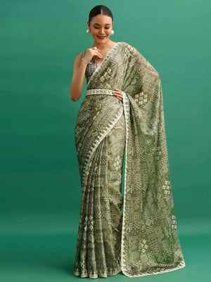 Rajwada Green Chinon Digital Print Saree For Women