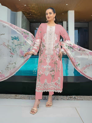 Rajwada Pink Cotton Blend Embroidered Semi Stitched Kurta Set For Women