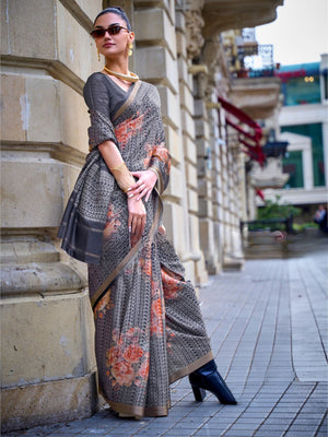 Rajwada Grey Poly Viscose Printed Saree With Unstitched Blouse For Women