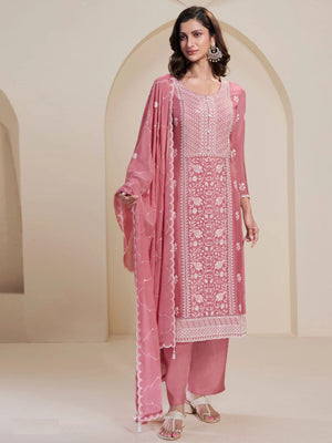 Rajwada Peach Chinon Embroidered Semi-Stitched Kurta Set For Women