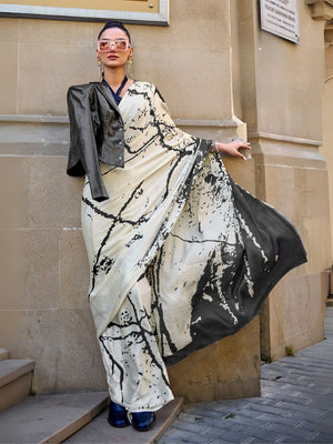 Rajwada White Satin Printed Saree With Unstitched Blouse For Women
