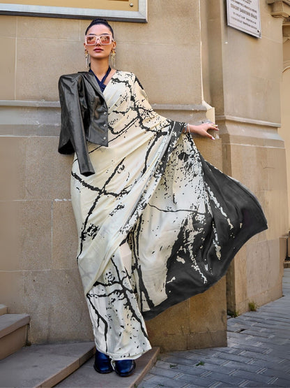 Rajwada White Satin Printed Saree With Unstitched Blouse For Women