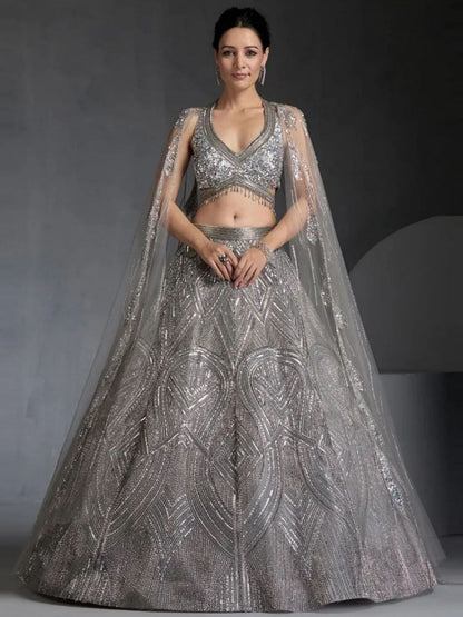 Rajwada Grey Georgette Embellished Semi Stitched Lehenga For Women
