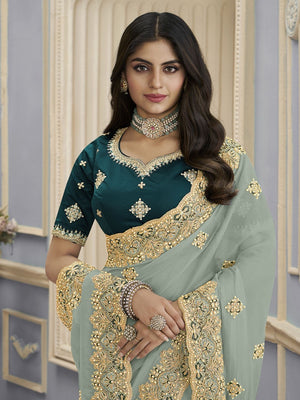 Rajwada Dusty Green Georgette Embellished Elegant Saree For Women