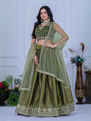 Rajwada Green Organza Embroidered Semi-Stitched lehenga For Women