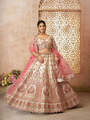 Rajwada Off White Silk Blend Embroidered Semi-Stitched Lehenga For Women