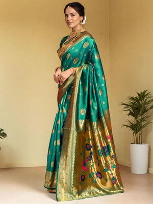 Rajwada Teal Green Silk Blend Woven Pithani Saree For Women