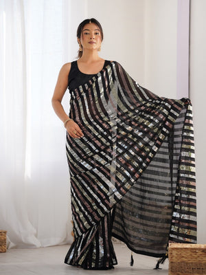 Rajwada Black Georgette Sequins Saree With Unstitched Blouse For Women