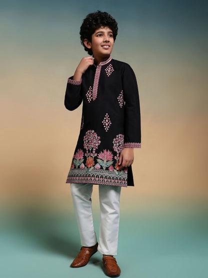 Rajwada Black Viscose Silk Embroidered Stitched Kurta Set For Kids