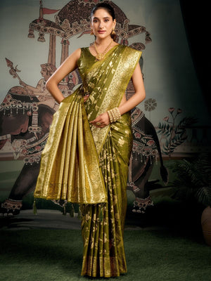 Rajwada Olive Green Silk Blend Solid Saree For Women