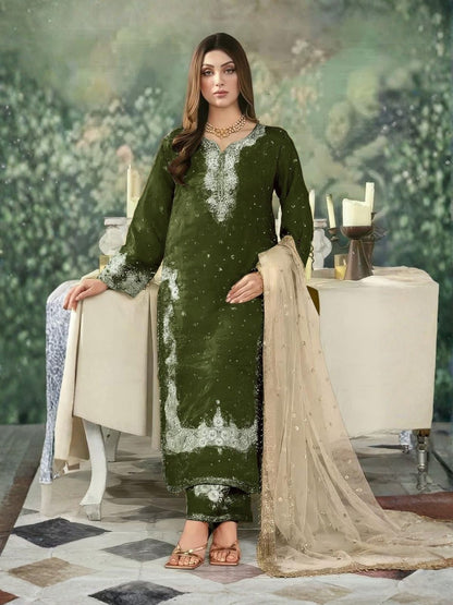 Rajwada Olive Silk Blend Embellished Semi Stitched Kurta Set For Women