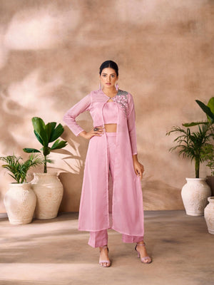 Rajwada Pink Organza Embellished Stitched Co-Ord Set For Women