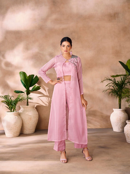 Rajwada Pink Organza Embellished Stitched Co-Ord Set For Women