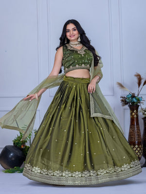Rajwada Green Organza Embroidered Semi-Stitched lehenga For Women