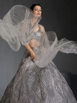 Rajwada Grey Georgette Embellished Semi Stitched Lehenga For Women