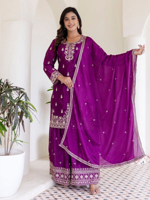 Rajwada Wine Chiffon Embroidered Stitched Kurta Set For Women
