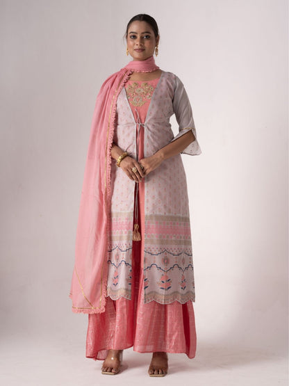 Rajwada Pink And Lavender Art Silk Printed And Embroidered Semi-Stitched Kurta Set For Women