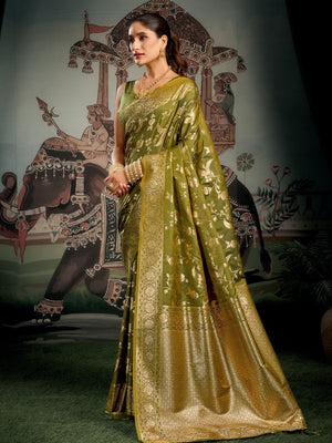 Rajwada Olive Green Silk Blend Solid Saree For Women
