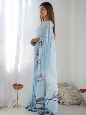 Rajwada Light Blue Silk Blend Floral Print & Cutwork Saree For Women