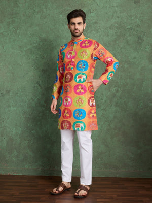 Rajwada Multicolor Rayon Printed and Embroidered Stitched Kurta For Men