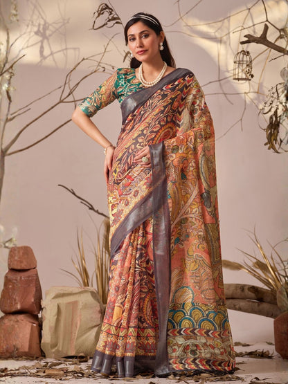 Rajwada Multicolor Linen Cotton Printed Saree For Women