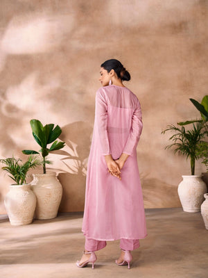 Rajwada Pink Organza Embellished Stitched Co-Ord Set For Women