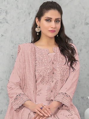 Rajwada Pink Cotton Blend Embroidered Semi Stitched Kurta Set For Women