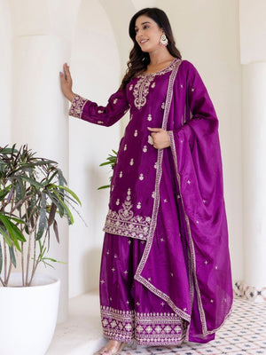 Rajwada Wine Chiffon Embroidered Stitched Kurta Set For Women