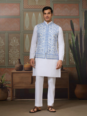 Rajwada White Silk Blend Plain Stitched Kurta Set For Men
