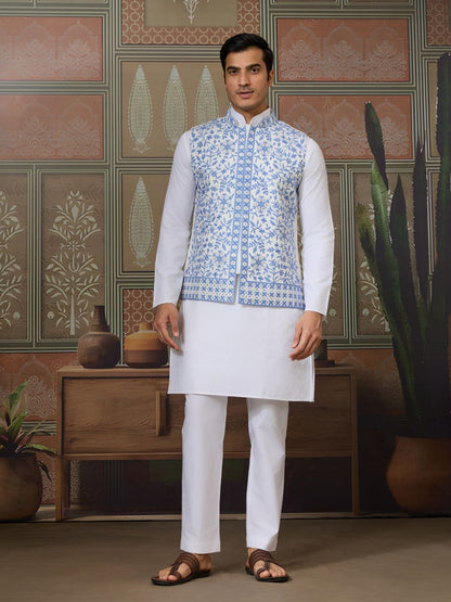 Rajwada White Silk Blend Plain Stitched Kurta Set For Men