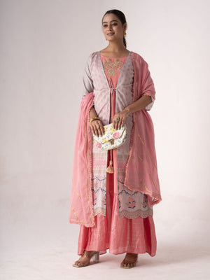 Rajwada Pink And Lavender Art Silk Printed And Embroidered Semi-Stitched Kurta Set For Women