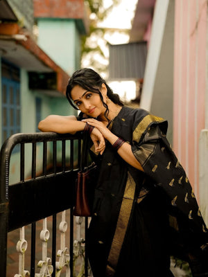 Rajwada Black Silk Blend Woven Saree For Women