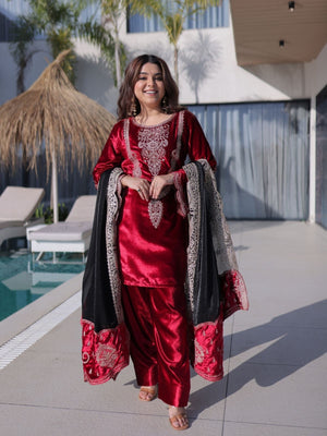 Rajwada Red Velvet Embroidered Kurta Set For Women