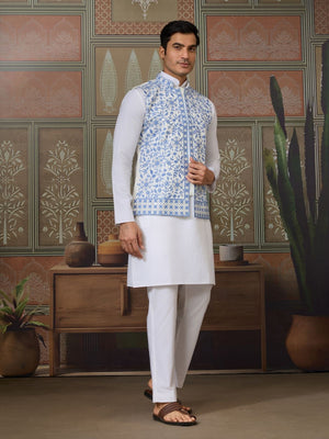 Rajwada White Silk Blend Plain Stitched Kurta Set For Men