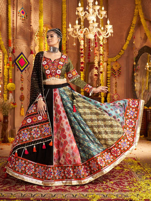 Rajwada Multicolor Viscose Rayon Embroidered Semi-Stitched lehenga With Stunning Tassels For Women