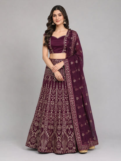 Wine Silk Blend Embroidered Lehenga