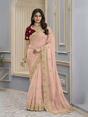 Rajwada Light Peach Georgette Embellished Elegant Saree For Women