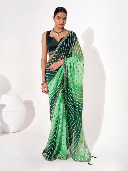 Rajwada Green Cotton Linen Embroidered Striped Saree For Women