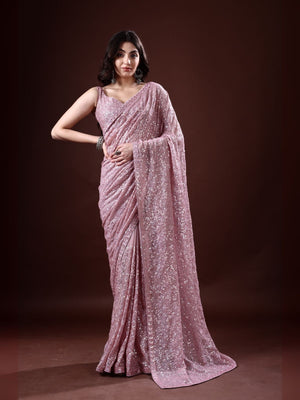 Rajwada Blush Pink Georgette Sequin  Elegant Saree For Women